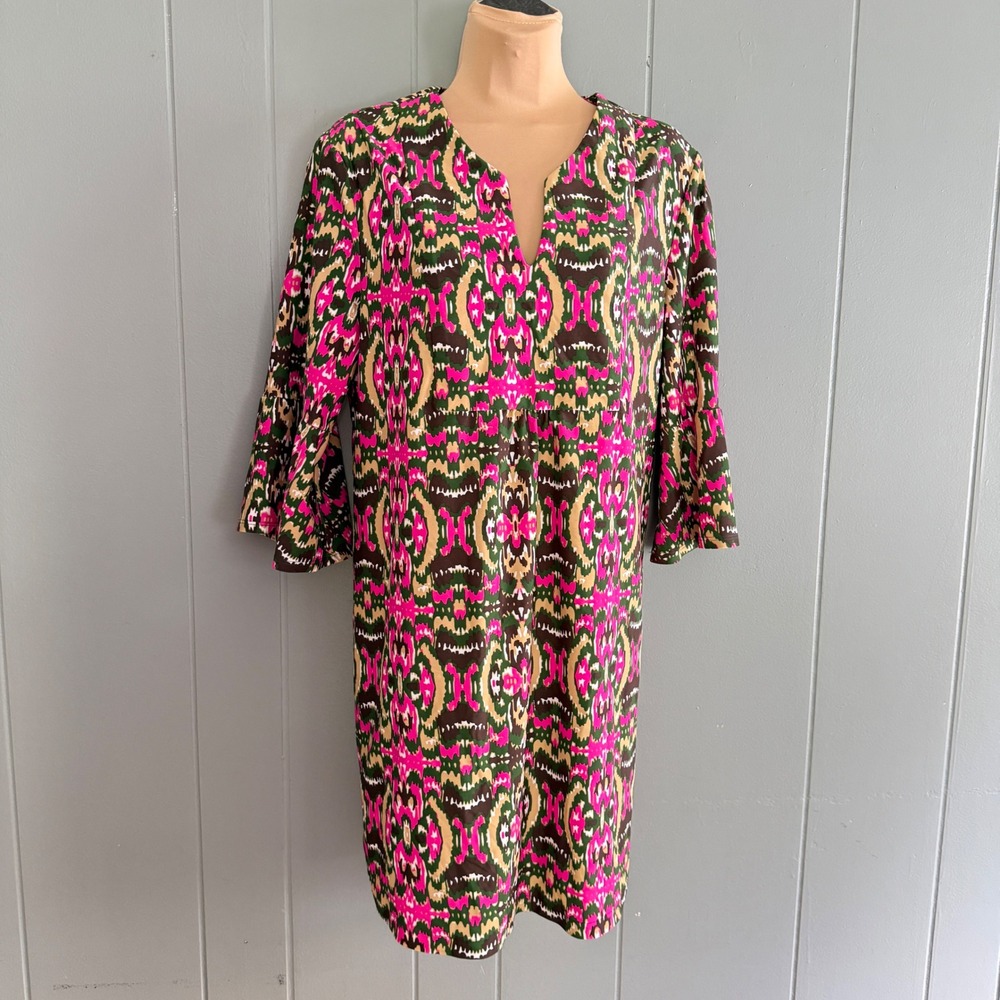 Jude Connally Womens Kerry Dress L  Ikat Bell Sleeve Pink Olive Made in USA